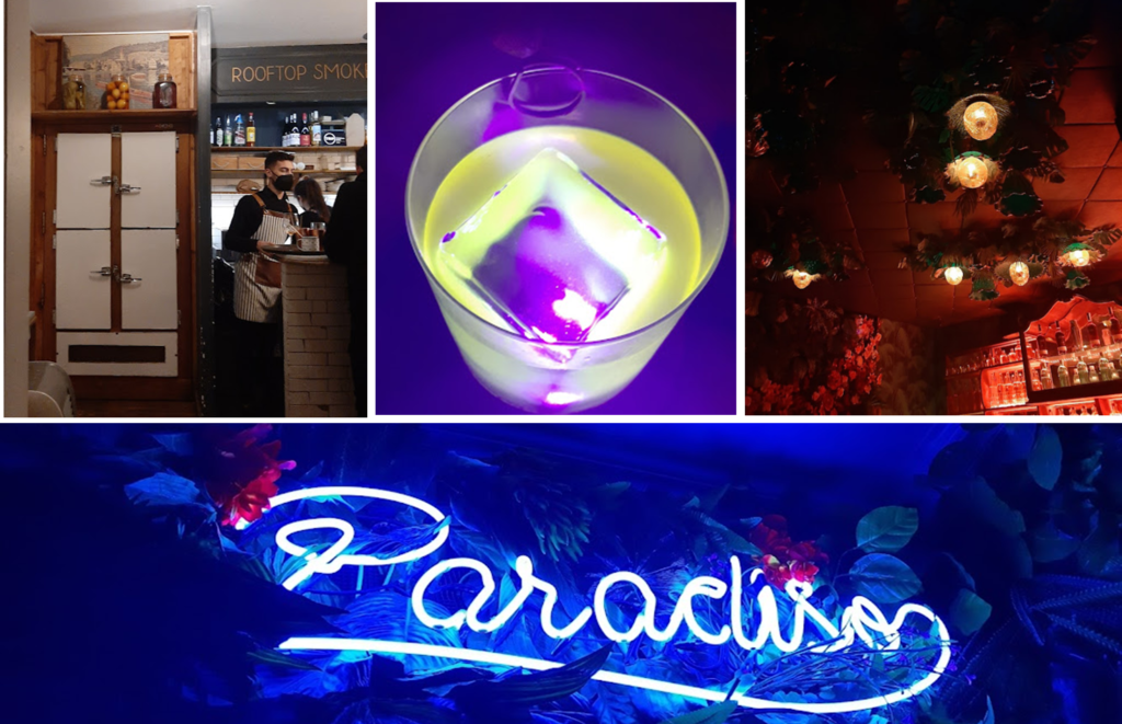 Four pictures of Paradiso bar, Barcelona. One picture of a Fridge which is the secret entrace to the bar. One picture of a neon green drink. One picture of dimly lit lights. One picture of a neon sign that reads 'Paradiso'.