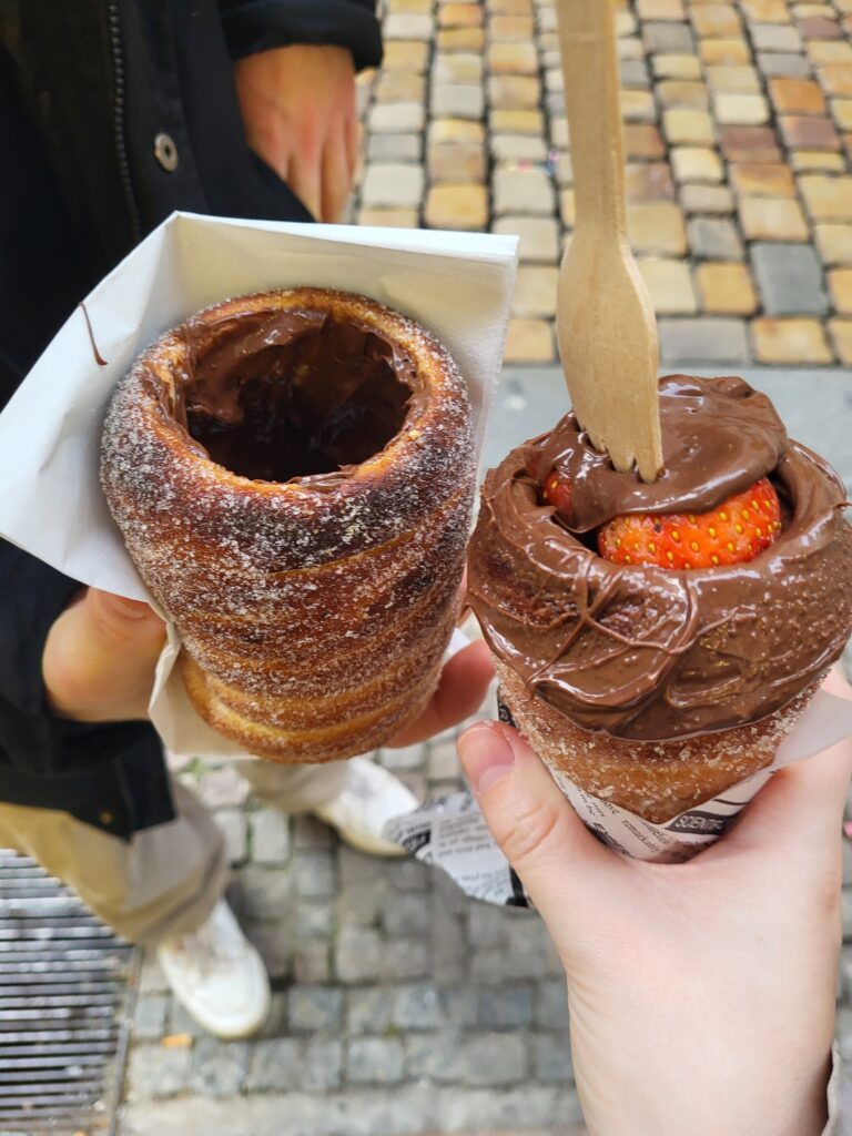 trdelník (chimney cake), a pastry filled with sugar, chocolate and strawberries