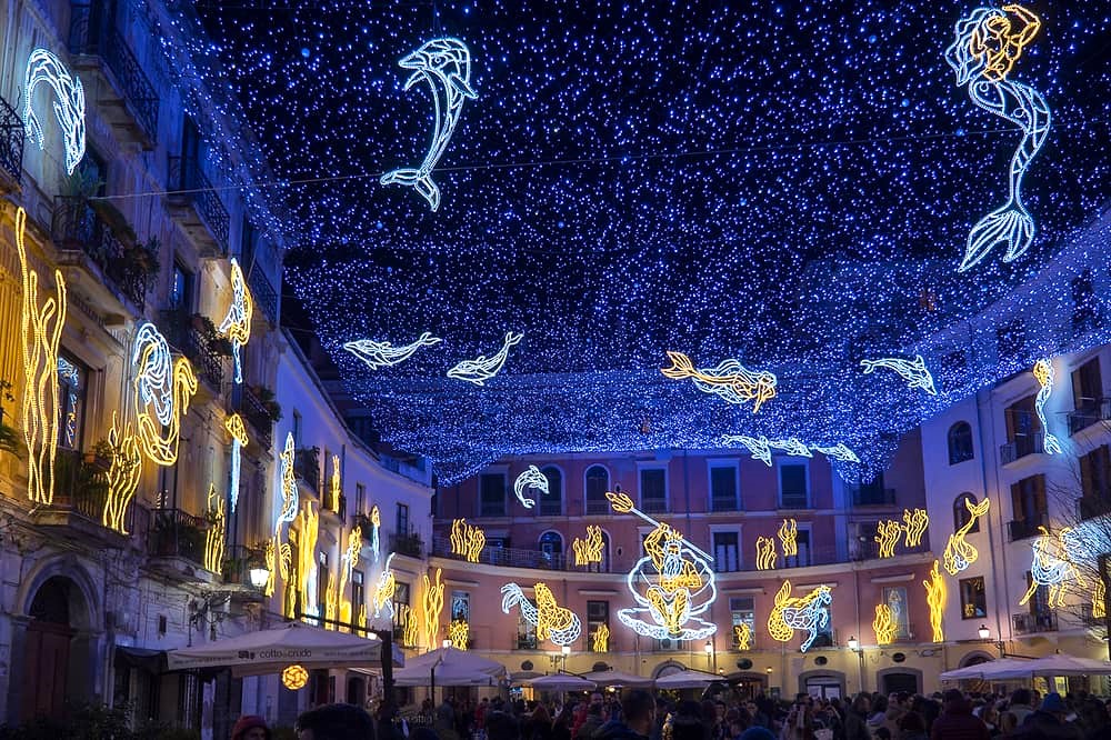 Winter break festive Christmas Lights above Salerno, Italy 