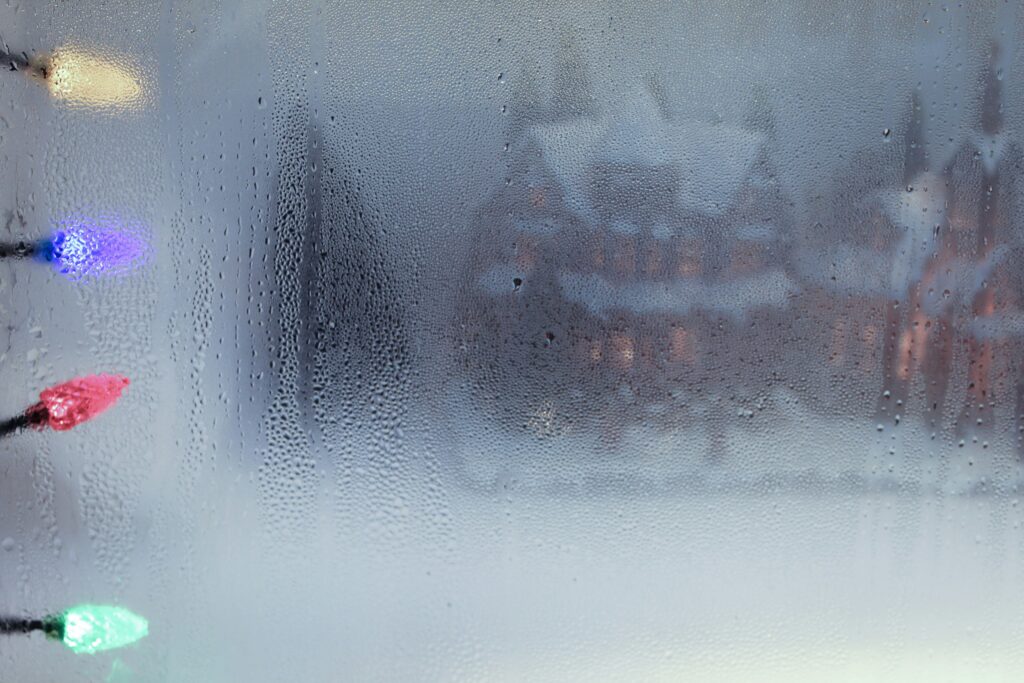 Frosted window with Christmas lights.